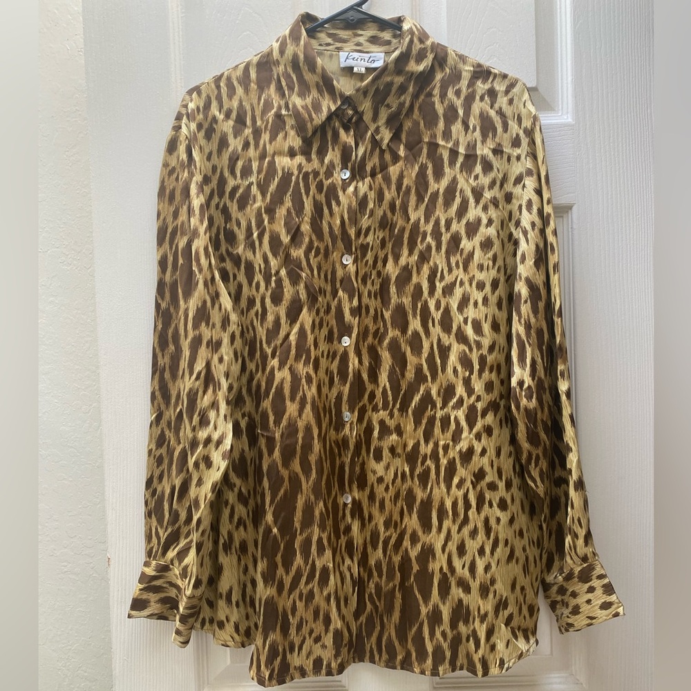 KUNTO | 100% Silk Animal Print Long Sleeve Button Down Blouse XL